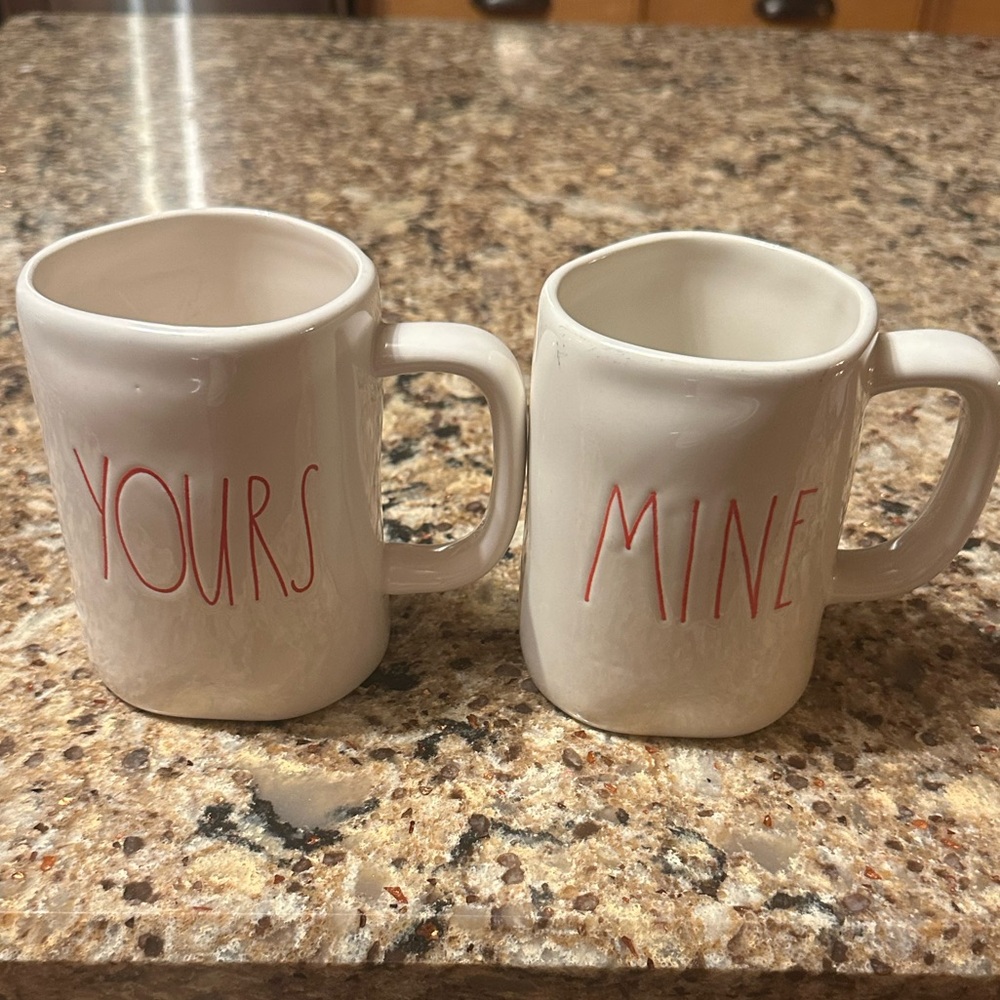 Rae Dunn 'Yours Mine' Mug Set - Cream with Red Accents